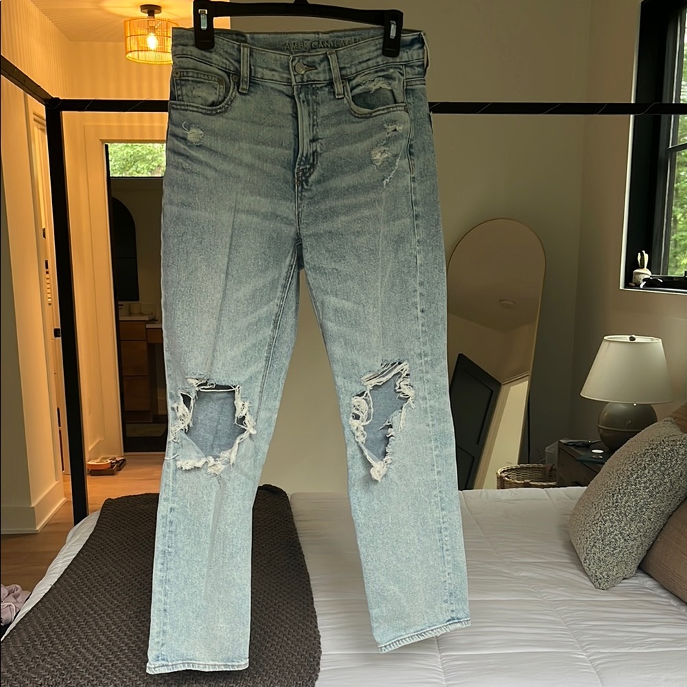American Eagle Distressed Light Blue Jeans- High rise straight leg